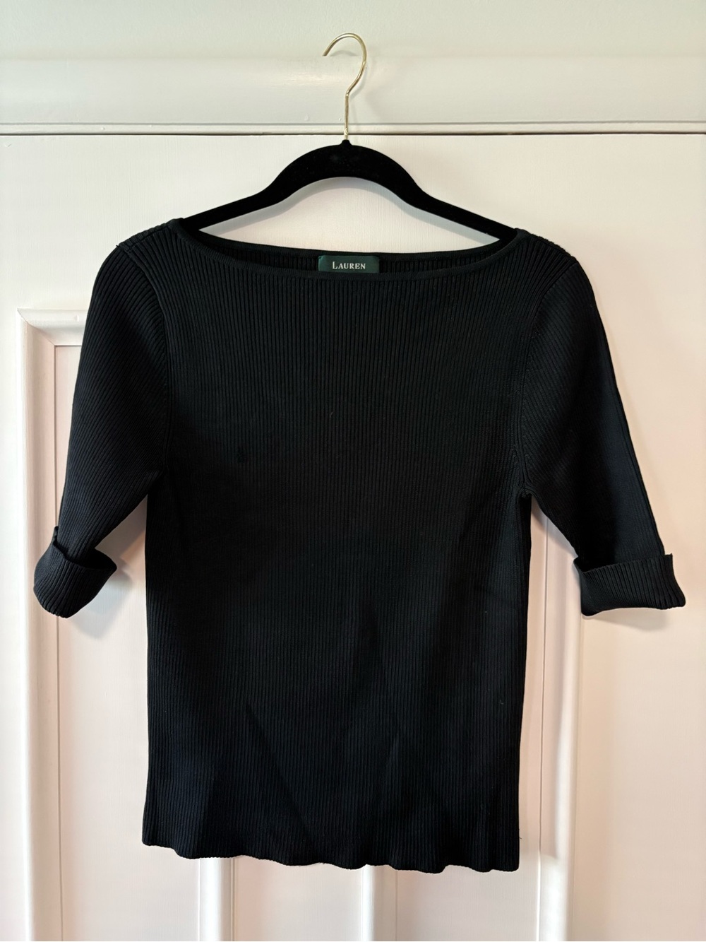 Ralph Lauren Black Ribbed Boatneck Sweater with Cuffed Sleeves